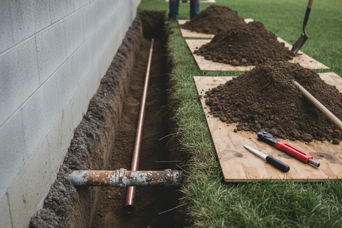 Excavated water line trench during Sewer Line Repair in La Follette